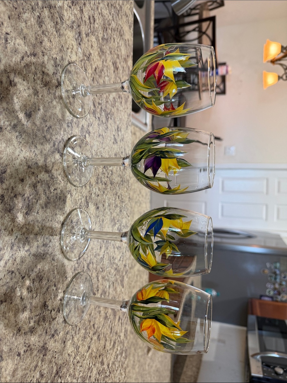 Hand-Painted Floral Wine Glasses - Set of 4 (Yellow, Red, Blue, Purple Accents)